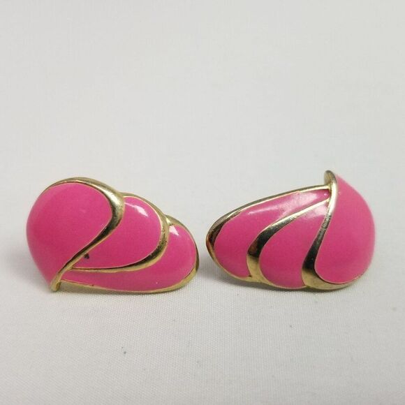 Vintage Pink Enamel Wavy Clip On Earrings, 80s 90s Wing Shape, Retro Estate - Picture 1 of 6
